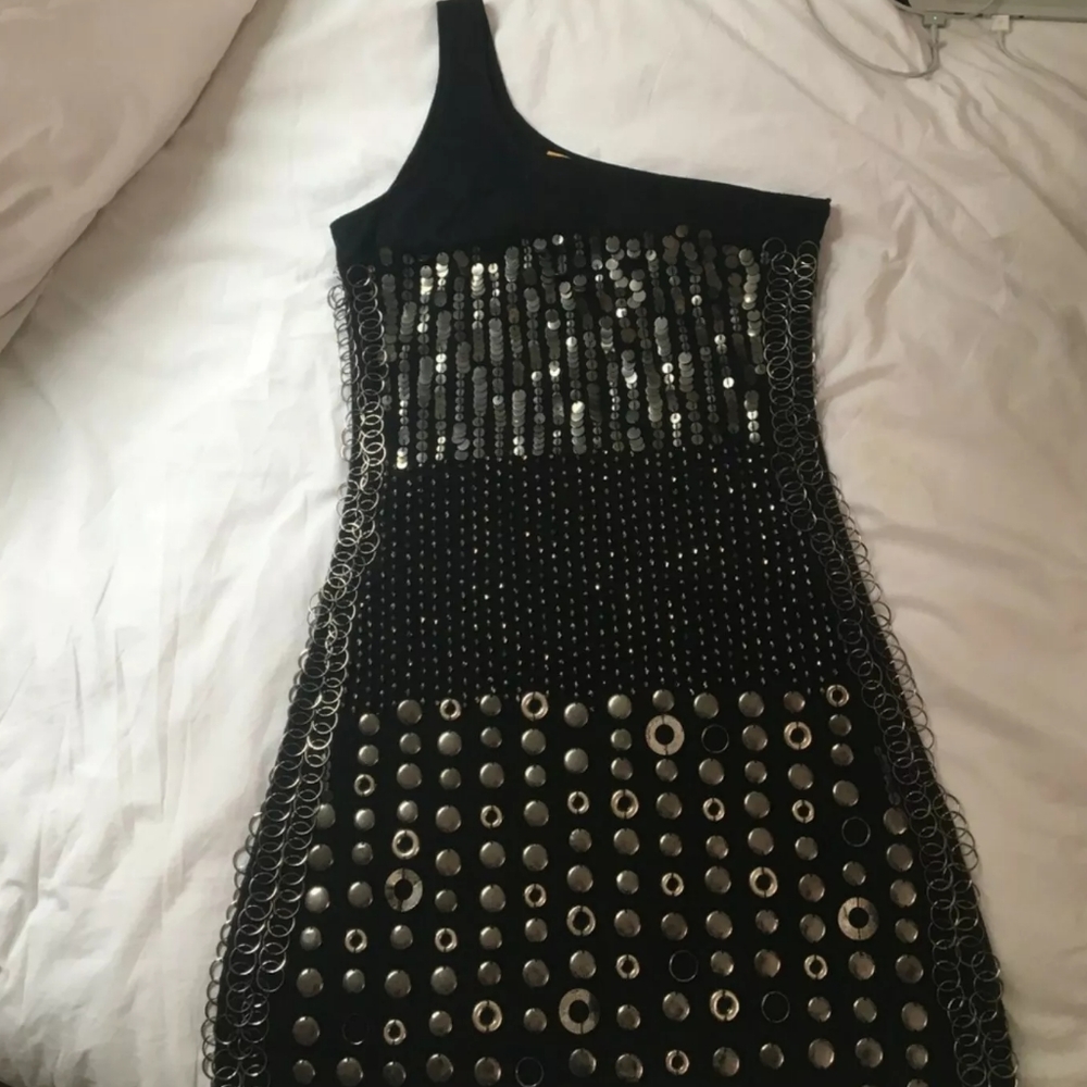 🎉 Alice + Olivia Studded Liquid Gun Metal Dress - Picture 4 of 7